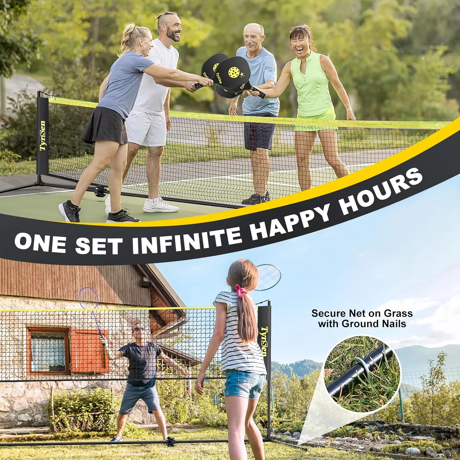 Portable Pickleball Badminton Net Set, 17FT Adjustable Heights All-in-One Net w/4 Pickleball Paddles 4 Badminton Rackets, Freestanding Pickleball Badminton Net for Backyard Driveway