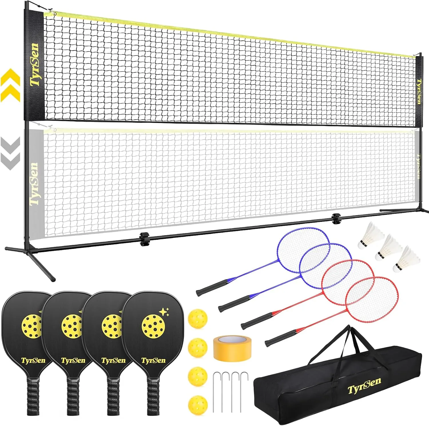 Portable Pickleball Badminton Net Set, 17FT Adjustable Heights All-in-One Net w/4 Pickleball Paddles 4 Badminton Rackets, Freestanding Pickleball Badminton Net for Backyard Driveway