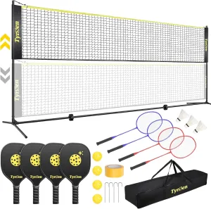 Portable Pickleball Badminton Net Set, 17FT Adjustable Heights All-in-One Net w/4 Pickleball Paddles 4 Badminton Rackets, Freestanding Pickleball Badminton Net for Backyard Driveway