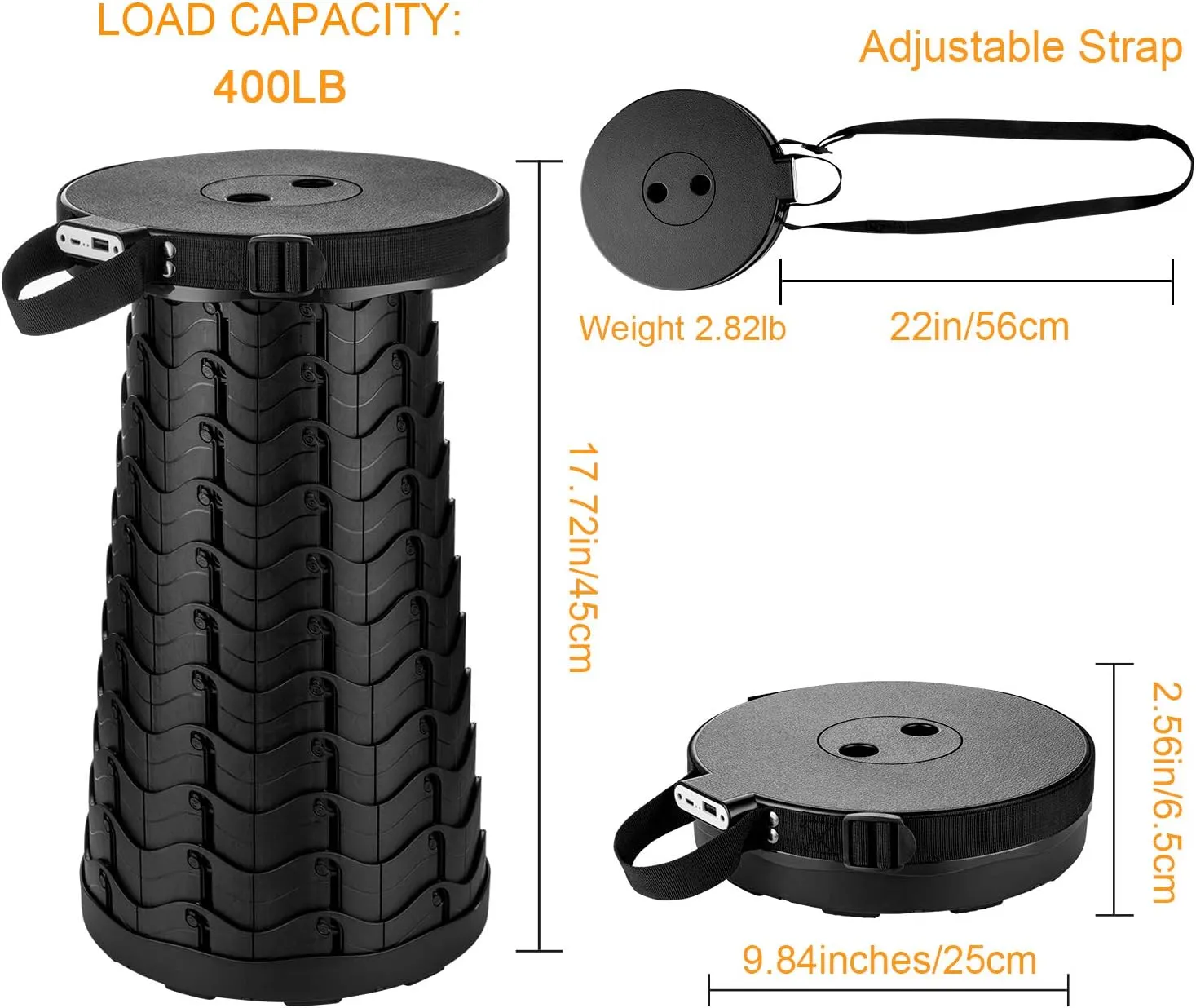 Portable Telescopic Stool with Mobile Charger 4400mAh, Collapsible Stool Built-in Phone Charger for iPhone Android, Foldable Seat for Camping Hiking Fishing Picnic Max Load 400lbs