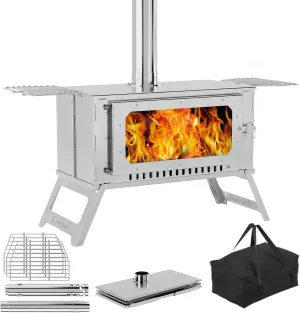 Portable Tent Stove, Hot Tent Stove with View Glass, Wood Burning Stove for Camping, Large Stainless Steel Camping Stove with 5 Chimney Pipes and 3 Shelfs for Outdoor Heating and Cooking