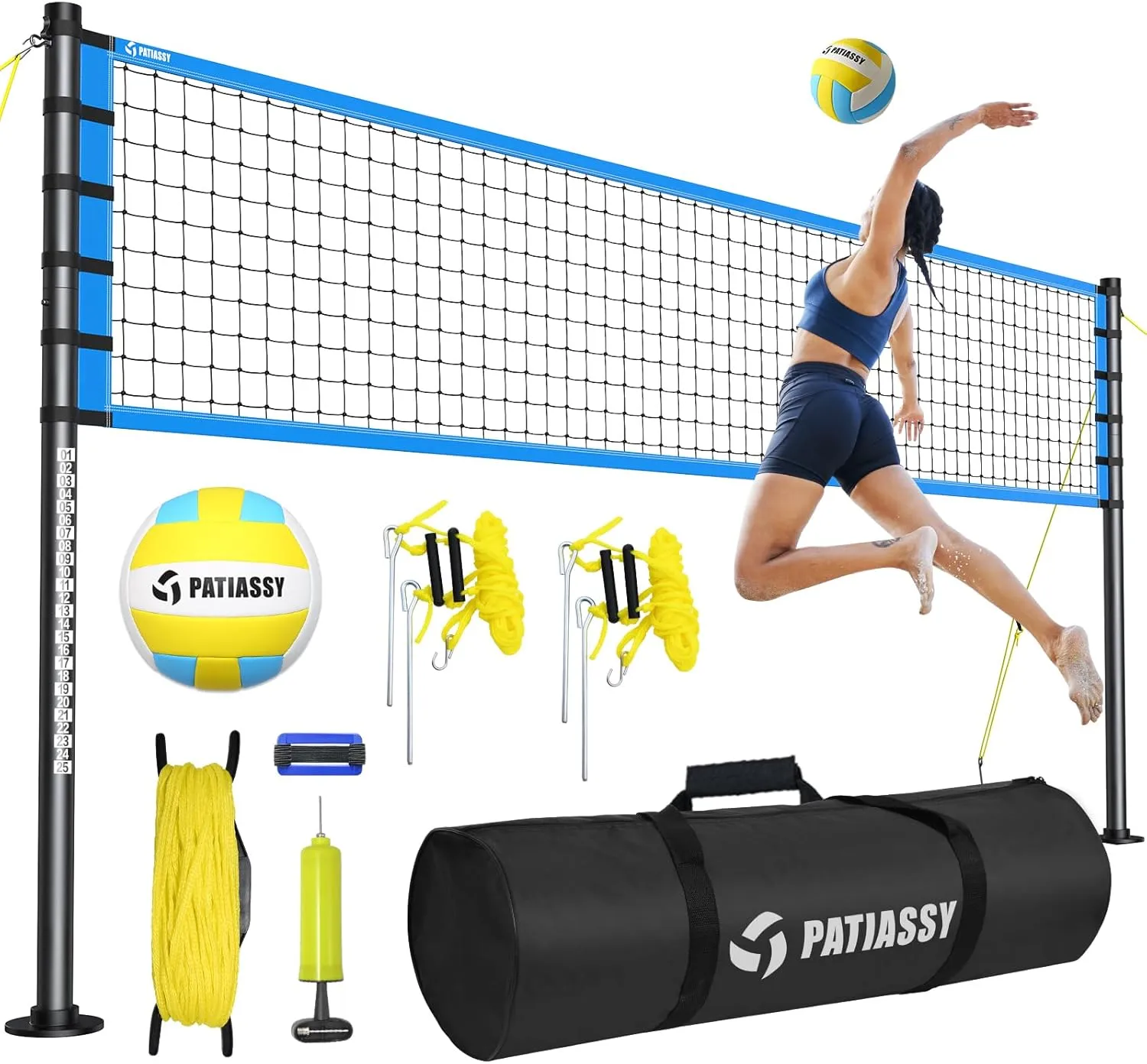 Portable Volleyball Net Set for Backyard, Beach & Outdoor - Regulation Size, Height-Adjustable Poles, PU Volleyball with Pump, Carrying Bag
