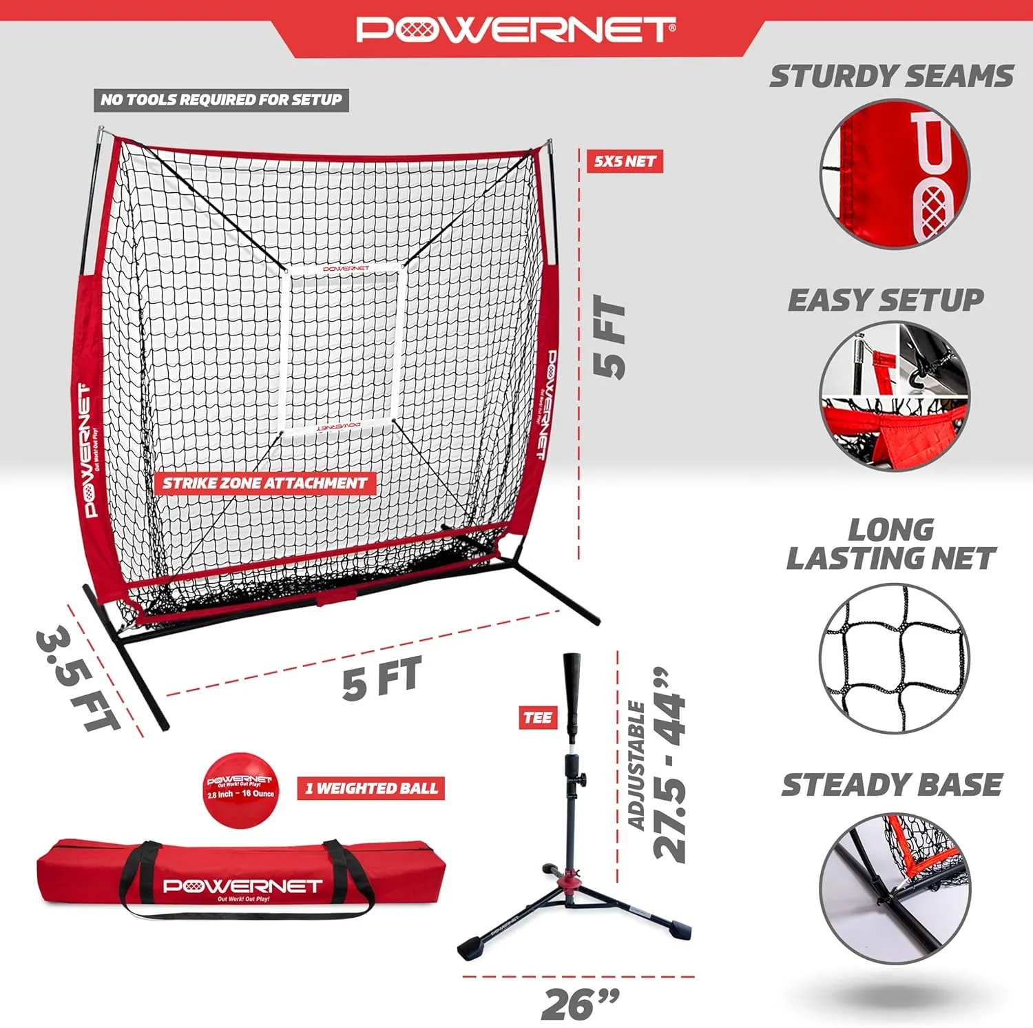 PowerNet Baseball Net Bundle, 5x5 Travel Net With Softball Accessories for Hitting, Pitching, Training Equipment, Weighted Ball, Tee