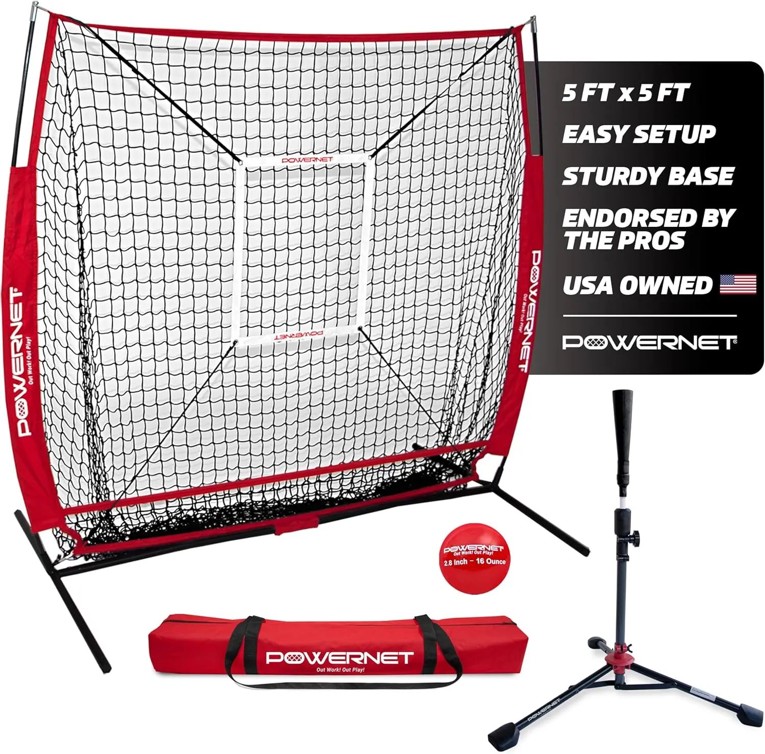 PowerNet Baseball Net Bundle, 5x5 Travel Net With Softball Accessories for Hitting, Pitching, Training Equipment, Weighted Ball, Tee