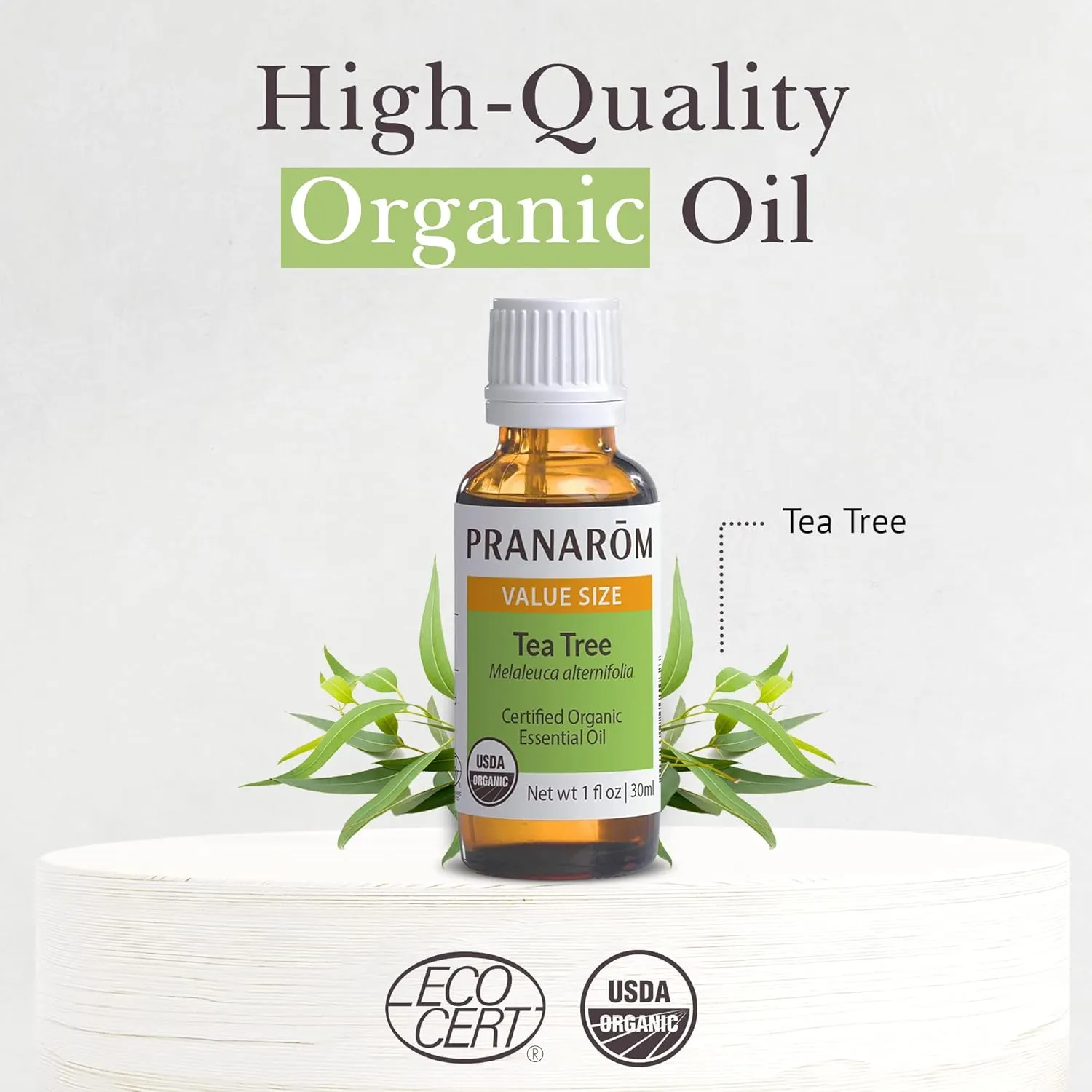 Pranarom USDA Certified Organic Tea Tree Essential Oil (30ml), 100% Pure Undiluted Therapeutic Grade from Zimbabwe for Aromatherapy, Diffuser, Healthy Skin & Hair, Massage, Relaxation