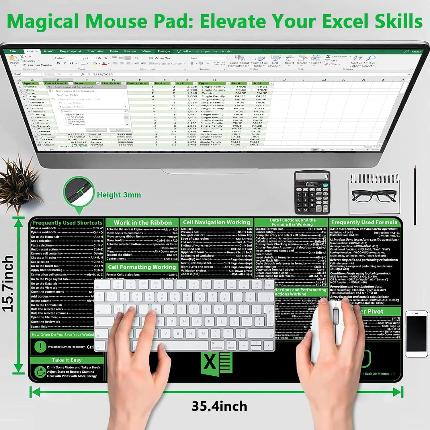 ProbTis Excel Cheat Sheet Desk Pad, Upgraded Pro Version, Excel Shortcuts Mousepad Stitched Edges, Non-Slip Base Keyboard Mats, XXL Giant Mouse Pads for Desk, 35.4”x15.7”, Back to School