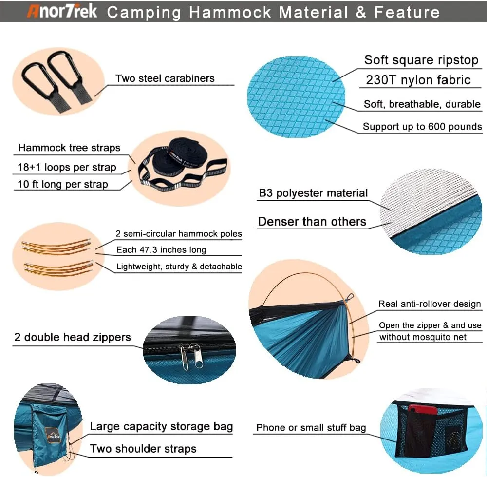 Professional Camping Hammocks with Mosquito Net, Lightweight Double for Camping, Hiking & Backpacking | Includes Two 10 FT Tree Straps, 230T Nylon Design