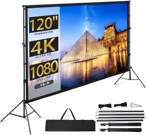 Projector Screen with Stand, Towallmark 120 inch Portable Projection Screen, 16:9 4K HD Rear & Front Projections Movies Screen with Carry Bag, for Indoor Outdoor Home Theater Backyard Camping