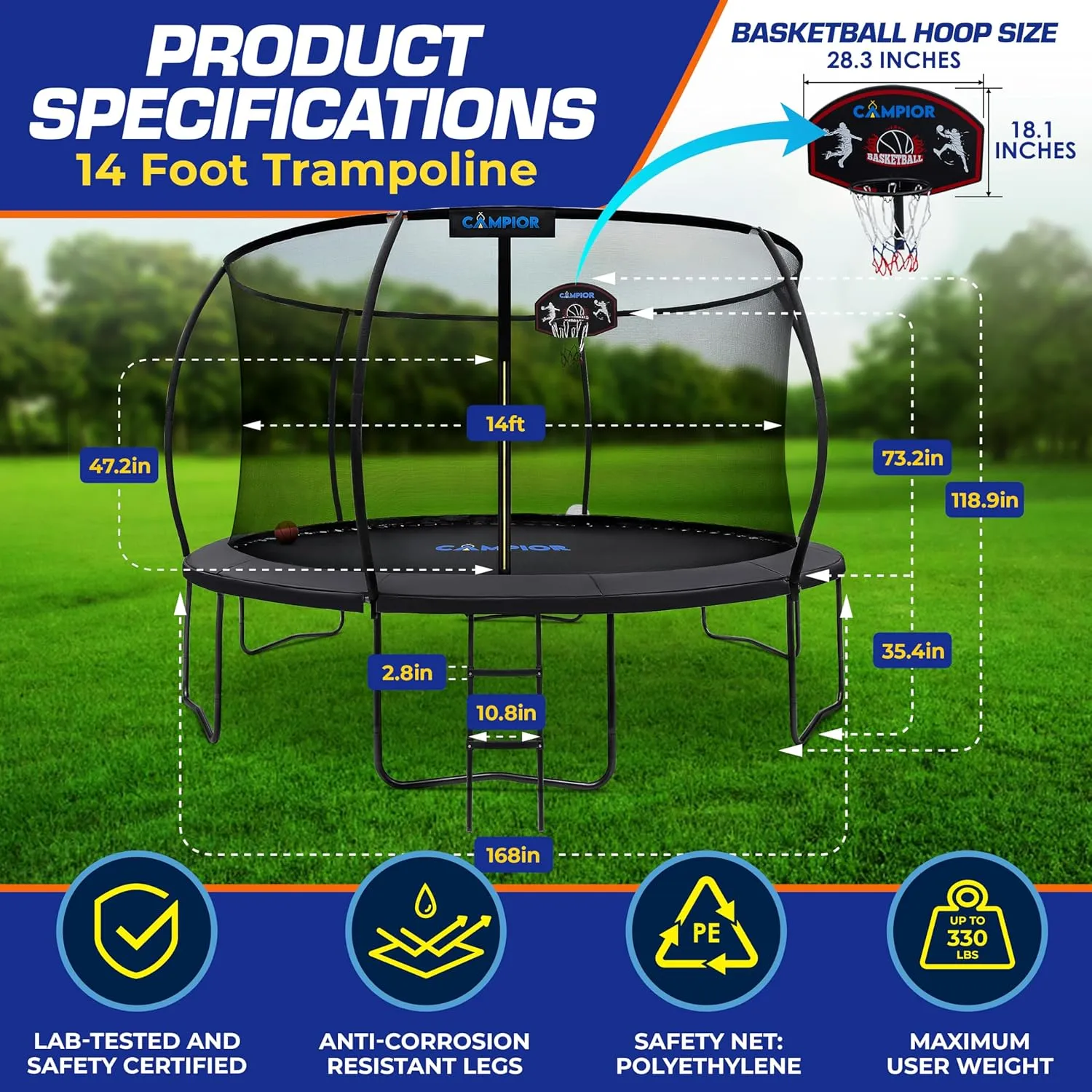 Pumpkin Trampoline with Basketball Hoop & Inner Enclosure - Safe, Durable,Family Fun - Heavy Duty Galvanized Springs - Waterproof Padding - Stable Base - Outdoor Backyard Style