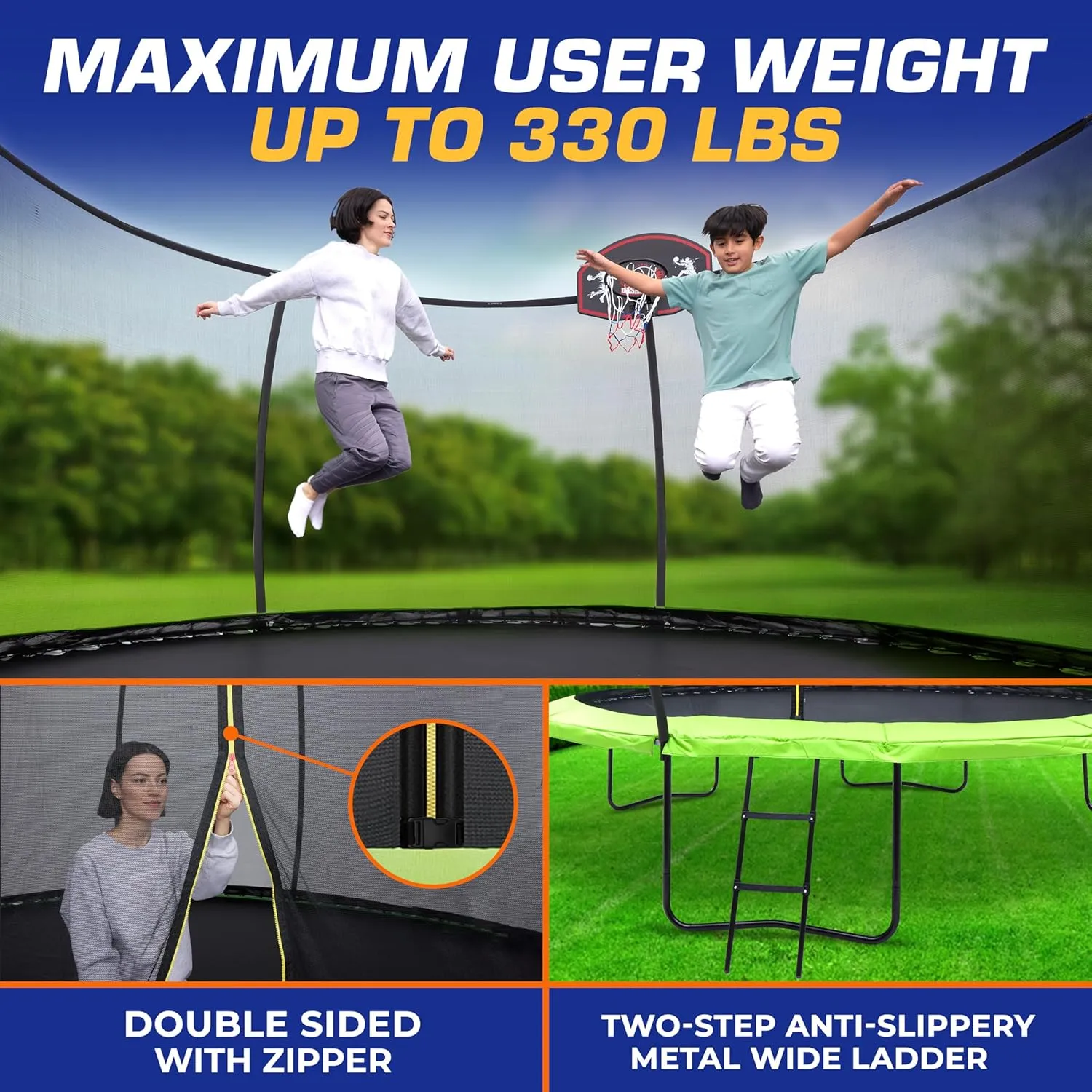 Pumpkin Trampoline with Basketball Hoop & Inner Enclosure - Safe, Durable,Family Fun - Heavy Duty Galvanized Springs - Waterproof Padding - Stable Base - Outdoor Backyard Style