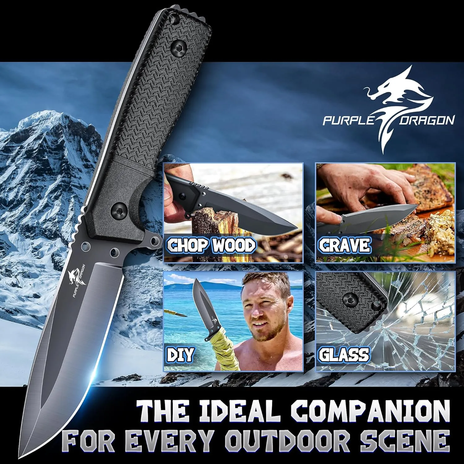 Purple Dragon Black-Grey Survival Fixed Blade Knife with Kydex Sheath, Full Tang D2 Steel, Field Knife for Camping, Hunting; Bushcraft Gift for Men