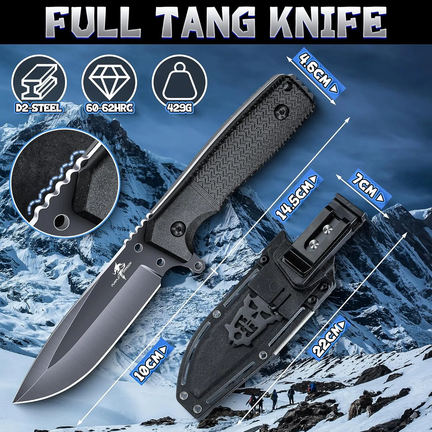 Purple Dragon Black-Grey Survival Fixed Blade Knife with Kydex Sheath, Full Tang D2 Steel, Field Knife for Camping, Hunting; Bushcraft Gift for Men