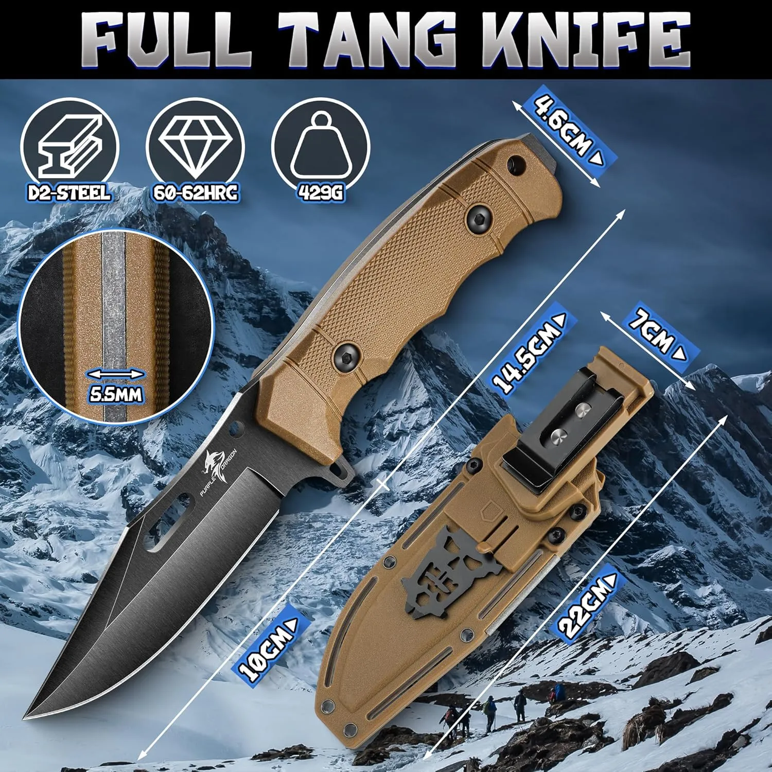 Purple Dragon Khaki Hunting Knife with Kydex Sheath, Full Tang Fixed Outdoor Blade Made from D2 Steel, Survival Knife for Bushcraft Camping and Hunting, Gift for Men