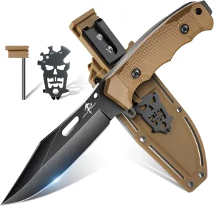 Purple Dragon Khaki Hunting Knife with Kydex Sheath, Full Tang Fixed Outdoor Blade Made from D2 Steel, Survival Knife for Bushcraft Camping and Hunting, Gift for Men