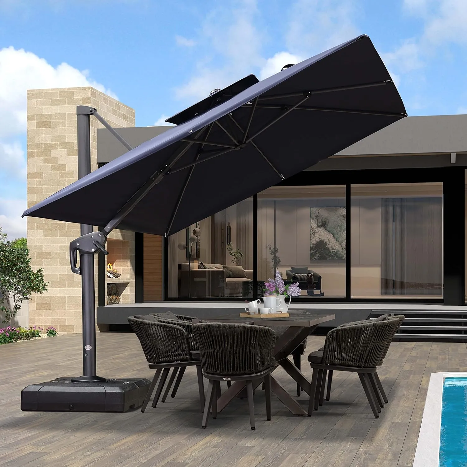 PURPLE LEAF 9' X 12' Cantilever Outdoor Umbrellas Large Patio Umbrella Hanging Double Top Rectangle Offset Umbrella with 360°Rotation Tilting Umbrella Outdoor Patio, Navy Blue
