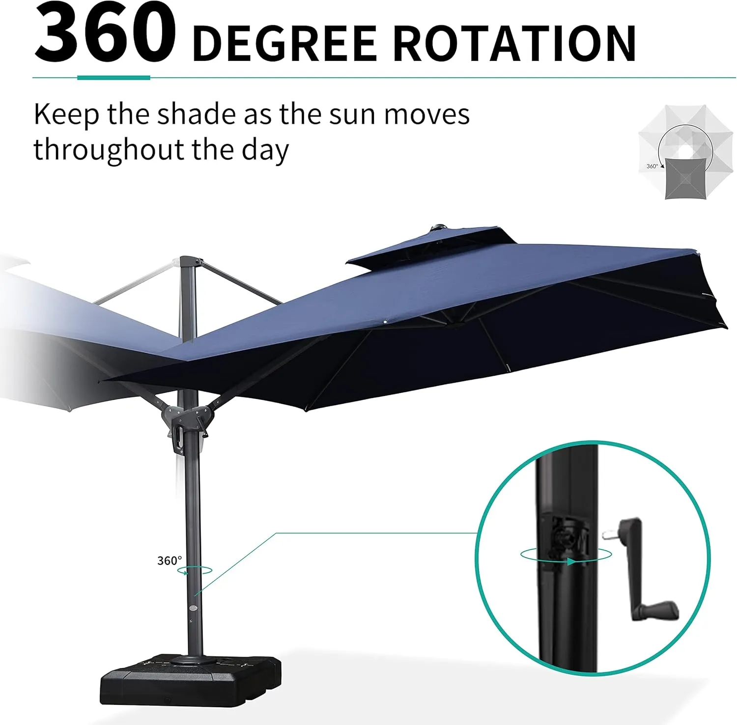 PURPLE LEAF 9' X 12' Cantilever Outdoor Umbrellas Large Patio Umbrella Hanging Double Top Rectangle Offset Umbrella with 360°Rotation Tilting Umbrella Outdoor Patio, Navy Blue