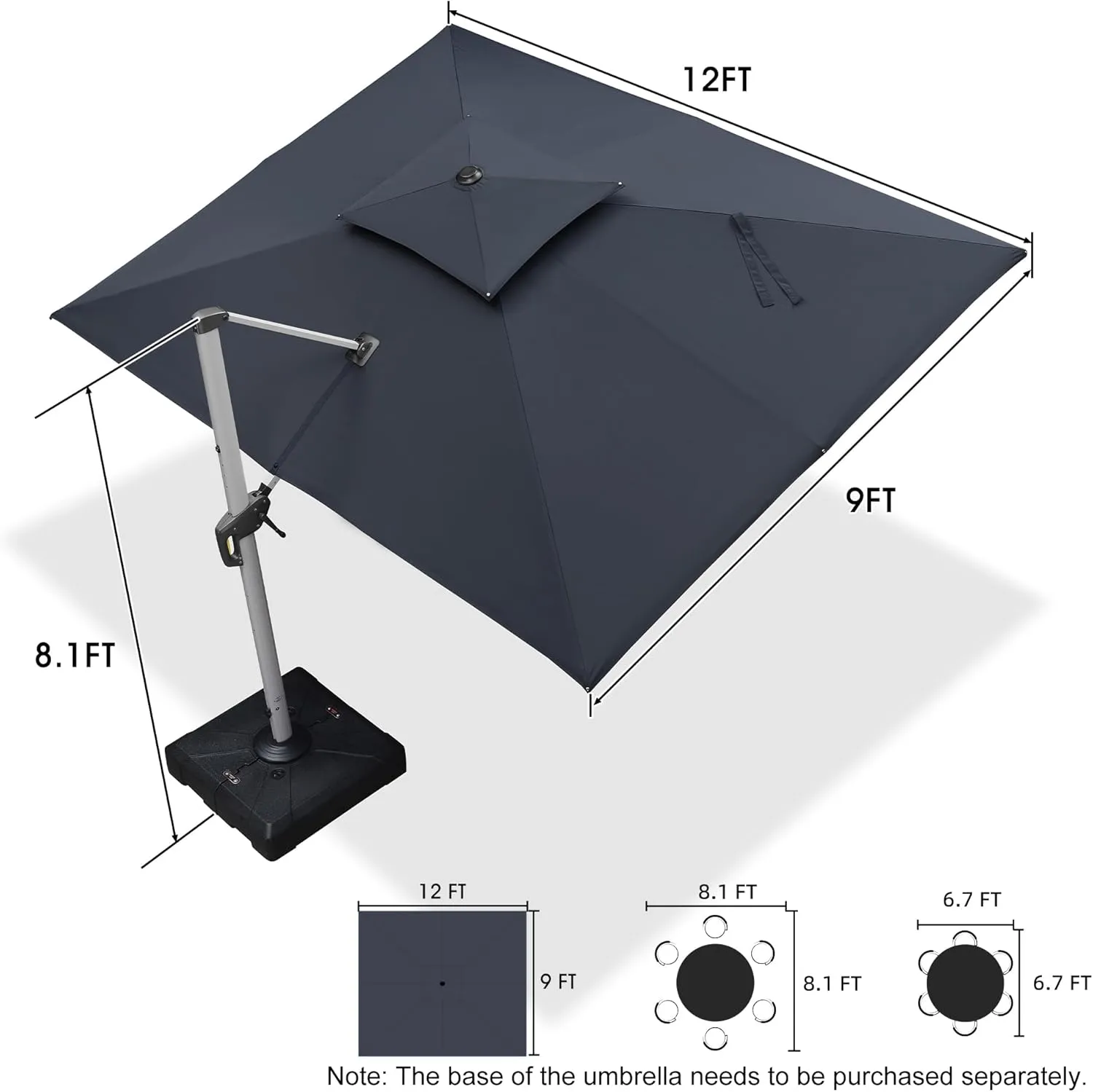 PURPLE LEAF 9' X 12' Patio Umbrella Outdoor Rectangle Umbrella Large Cantilever Umbrella Windproof Offset Heavy Duty Sun for Garden Deck Pool Patio, Grey