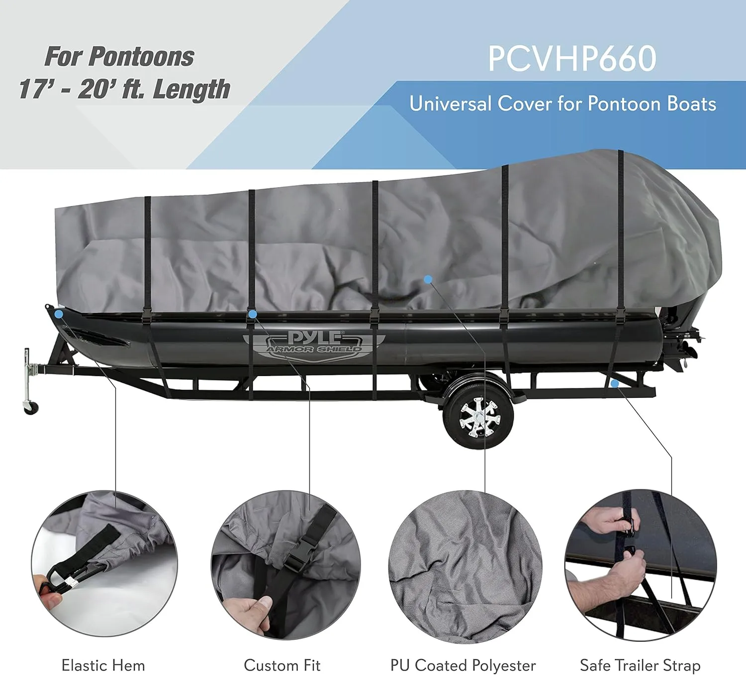 Pyle Boat Cover for Deck Boats - 21-24 ft Heavy Duty Pontoon Boat Cover, Waterproof Marine Grade Polyester, UV & Weather Resistant, Fits Beam Width up to 94", Storage Bag,