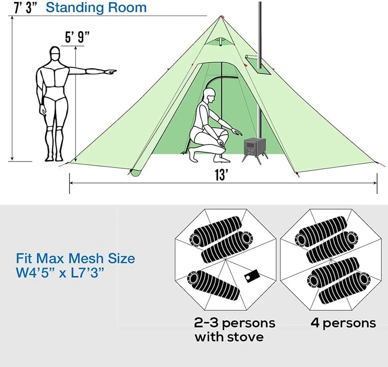 Pyramid Tent Tipi Hot Tents with Stove Hole Windows Outdoor Camping Family Teepee Indian Tent for 2-4 Person for Outdoor Travel Hiking Accessories