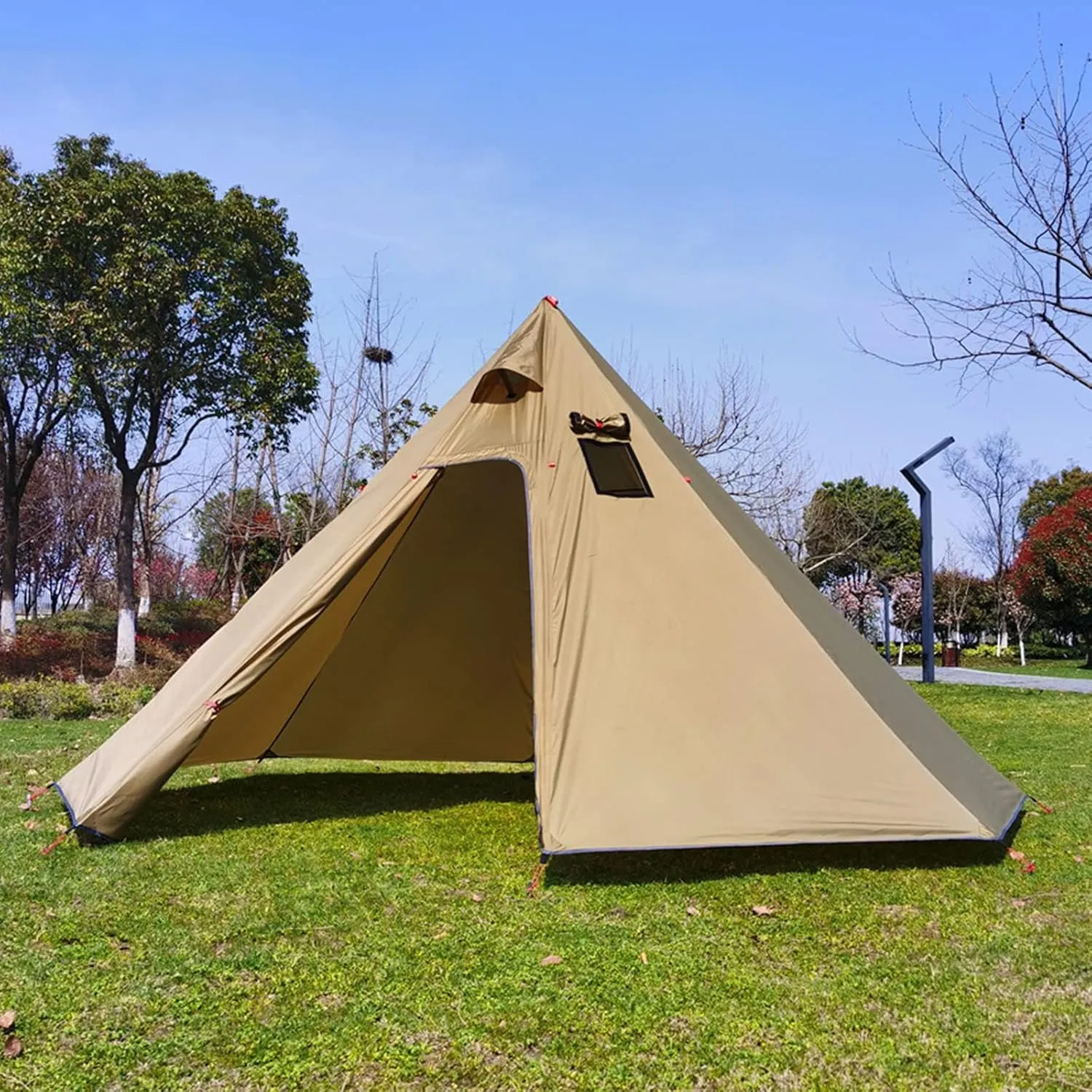 Pyramid Tent Tipi Hot Tents with Stove Hole Windows Outdoor Camping Family Teepee Indian Tent for 2-4 Person for Outdoor Travel Hiking Accessories