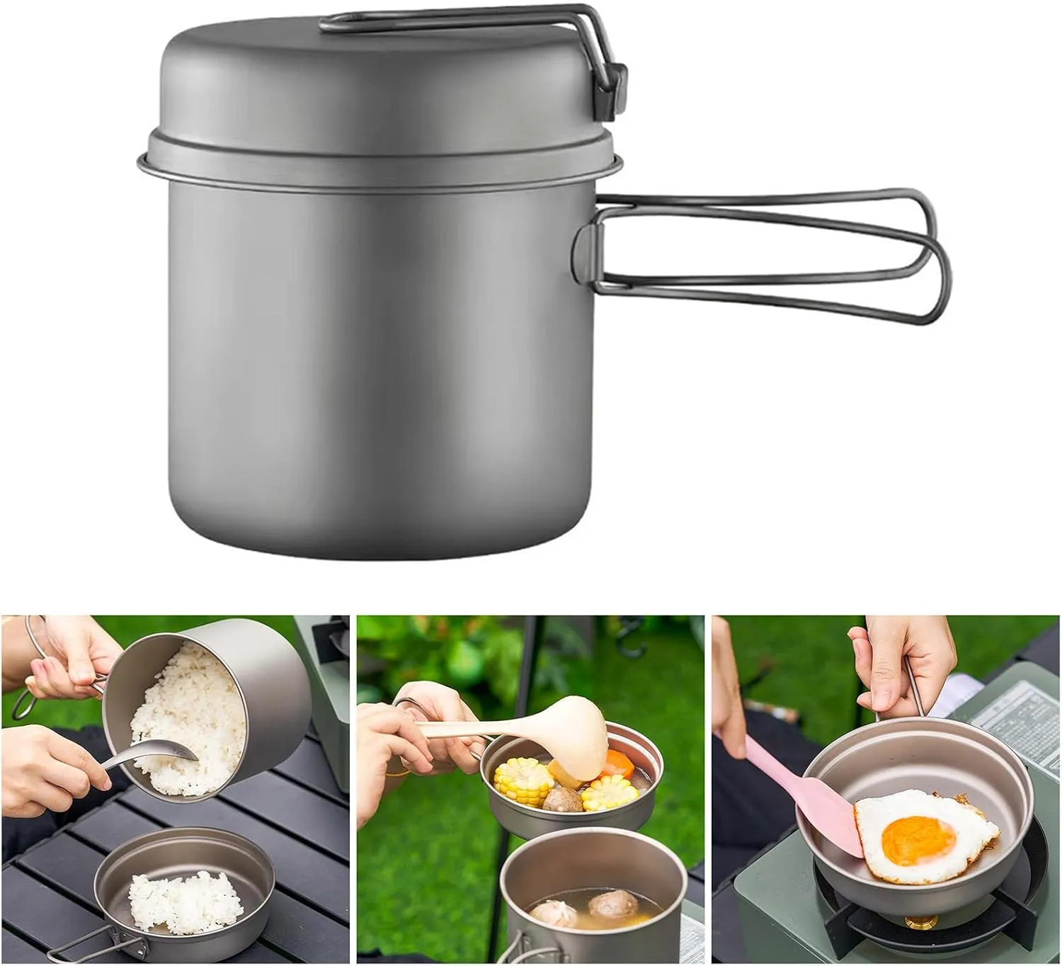 QINGFAN Metal Camping Cook Pots Outdoor Camping Cookware with Folding Handle Portable Tableware Cooking Pots Frypan Cookware