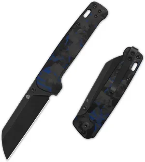 QSP Penguin V2 Folding Pocket Knife, 3.06" D2 Black Stonewash Blade EDC Knife, Liner Lock, Ceramic Ball Bearings, Bronze Washers, Reversible SS Deep Carry Clip, G10 Handle (Blue Shredded CF Overlay)