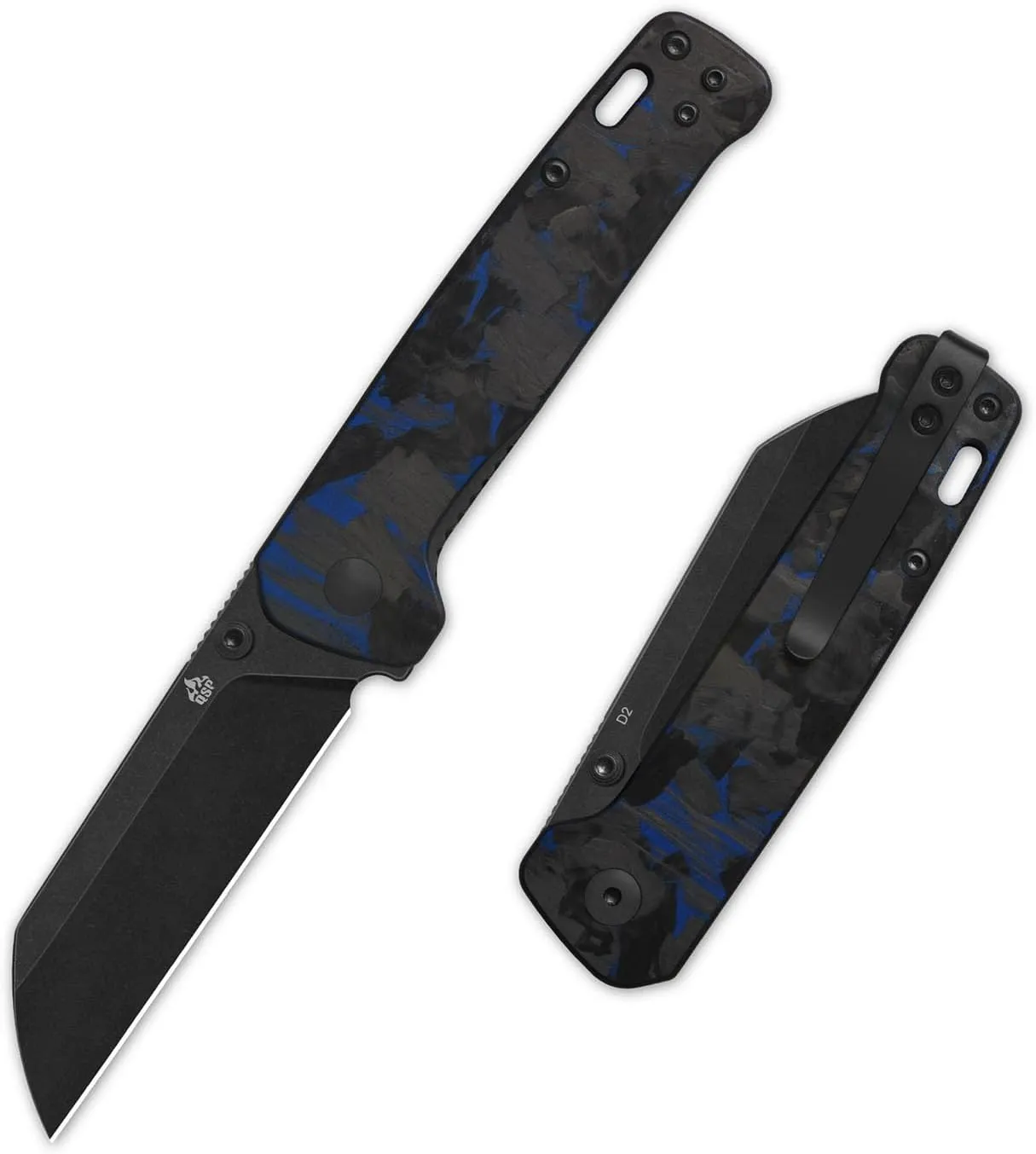 QSP Penguin V2 Folding Pocket Knife, 3.06" D2 Black Stonewash Blade EDC Knife, Liner Lock, Ceramic Ball Bearings, Bronze Washers, Reversible SS Deep Carry Clip, G10 Handle (Blue Shredded CF Overlay)
