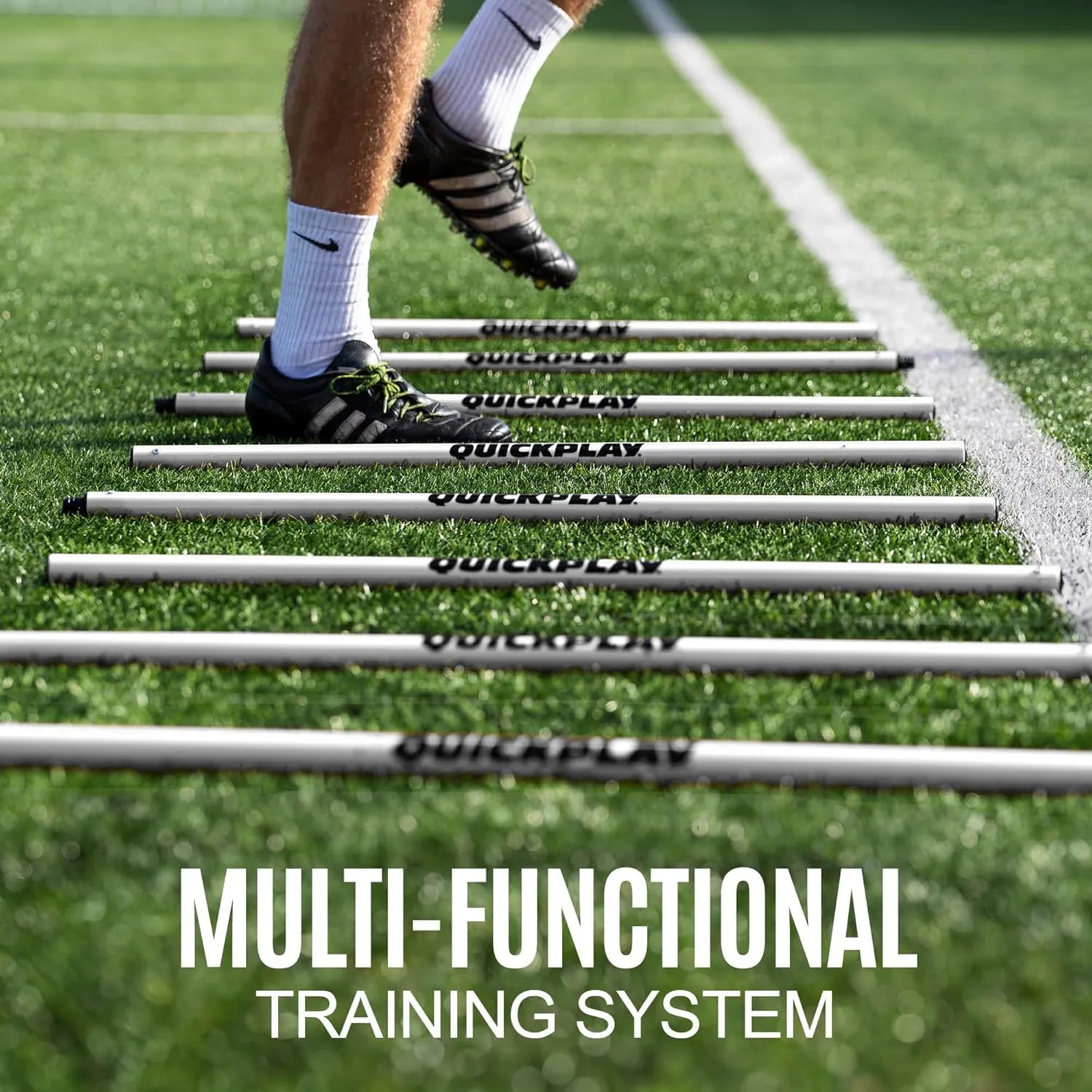 QUICKPLAY Screw Connected 2.5ft Training Poles - Set of 8 | Connect 2 Poles for 5ft Height | Available in 5 Colors with Grass or Astro Base Options | Foldable Design