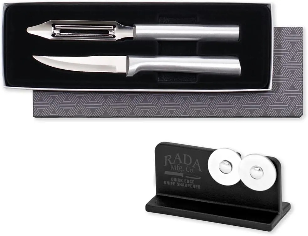 Rada Cutlery 2-piece Pare & Peel Knife Gift Set with Quick Edge Sharpener, Silver Handles