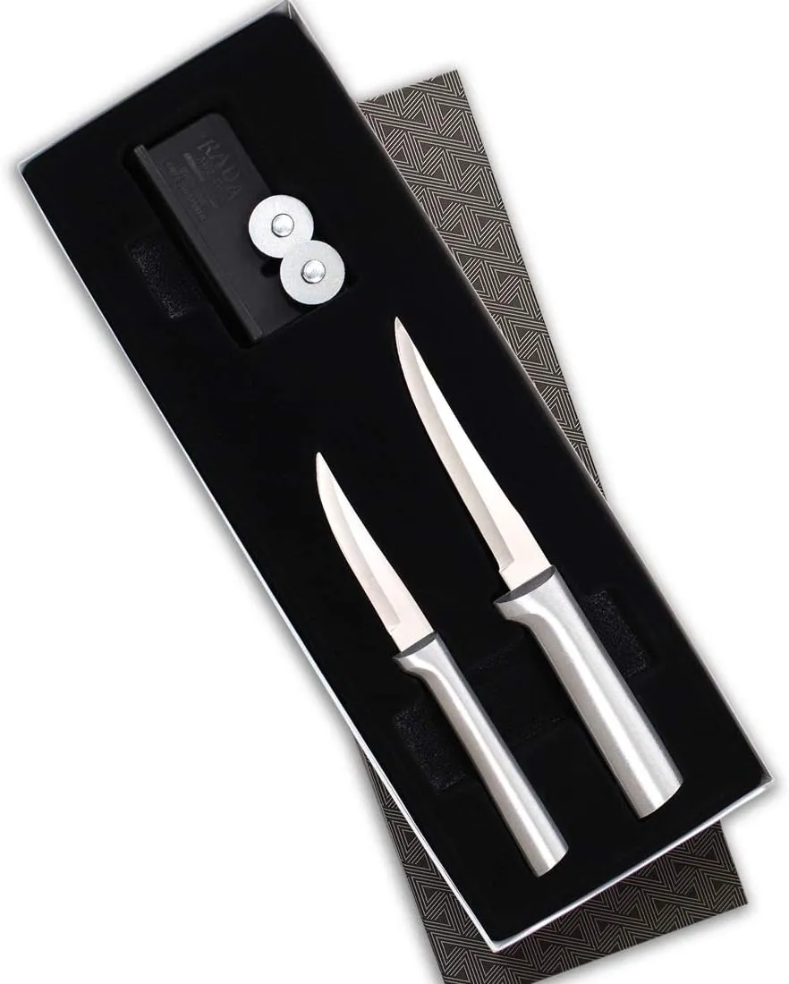Rada Cutlery 2-Piece Paring Knife with Sharpener Set, Silver Handle