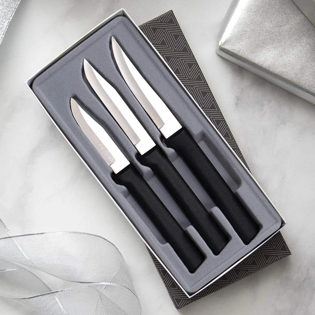 Rada Cutlery 3-Piece Paring Knife Galore Gift Set with Quick Edge Knife Sharpener, Black Handles