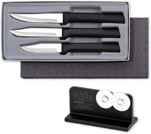 Rada Cutlery 3-Piece Paring Knife Galore Gift Set with Quick Edge Knife Sharpener, Black Handles