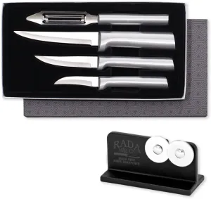RADA Cutlery 4-piece Meal Prep Knife Gift Set with Quick Edge Sharpener, Made in the USA, Silver Handles