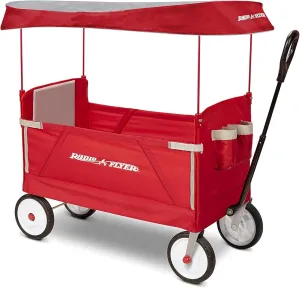 Radio Flyer 3 in 1 EZ Fold Stroller Wagon with Canopy and Adjustable Handle, Red