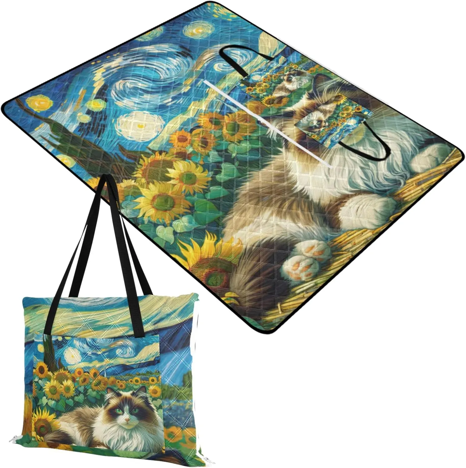 Ragdoll Cat Starry Night Sunflower Beach Mat Sand Free Waterproof, Outdoor Blankets for Grass Cute Picnic Essentials Foldable, 80" x 60"