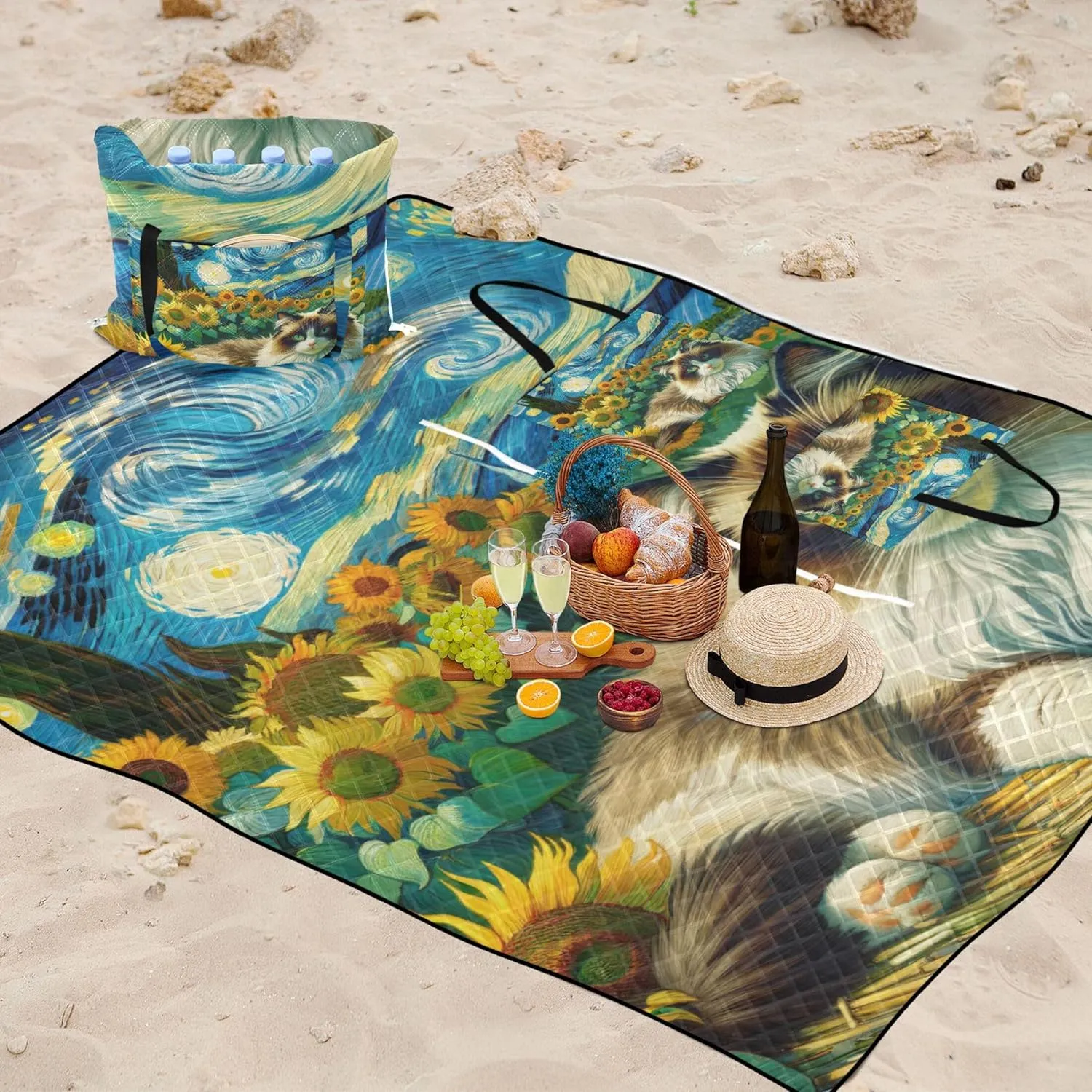 Ragdoll Cat Starry Night Sunflower Beach Mat Sand Free Waterproof, Outdoor Blankets for Grass Cute Picnic Essentials Foldable, 80" x 60"