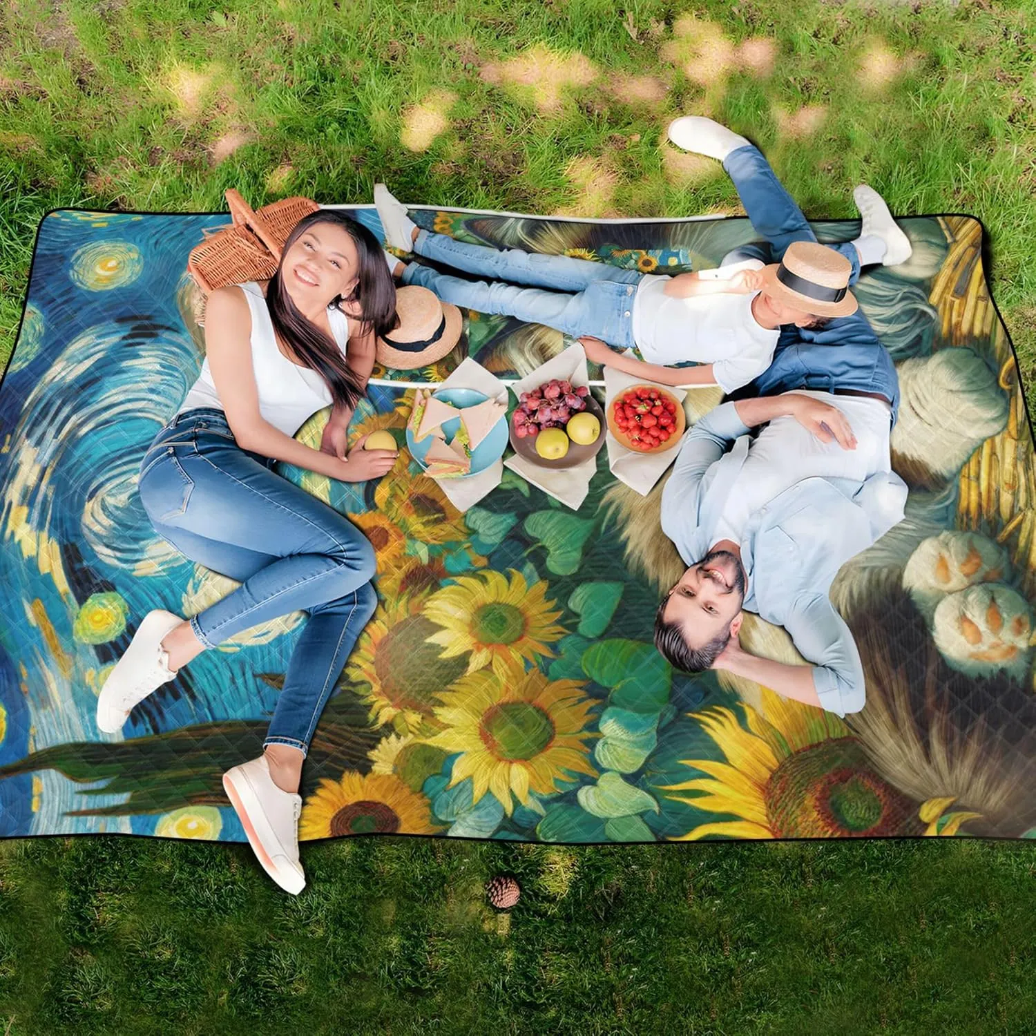 Ragdoll Cat Starry Night Sunflower Beach Mat Sand Free Waterproof, Outdoor Blankets for Grass Cute Picnic Essentials Foldable, 80" x 60"