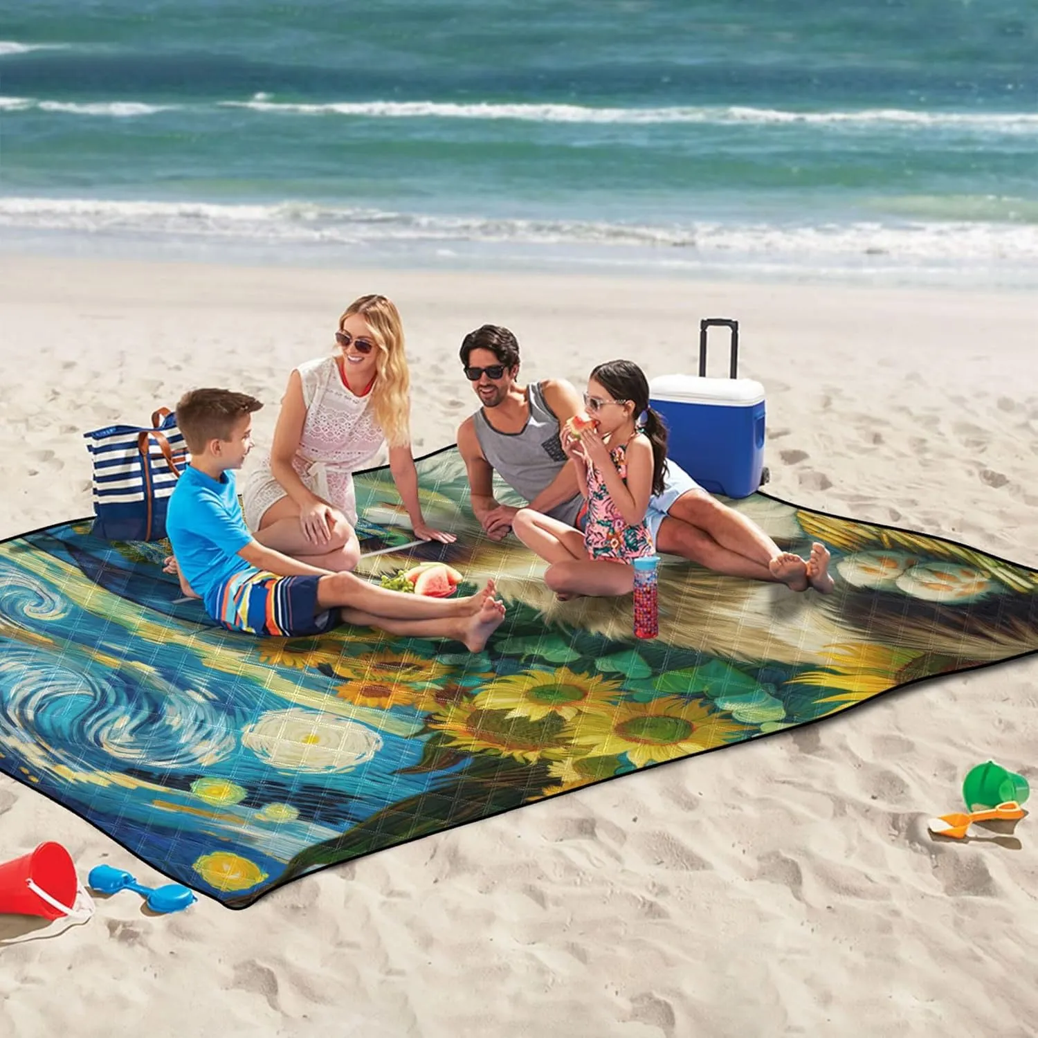 Ragdoll Cat Starry Night Sunflower Beach Mat Sand Free Waterproof, Outdoor Blankets for Grass Cute Picnic Essentials Foldable, 80" x 60"