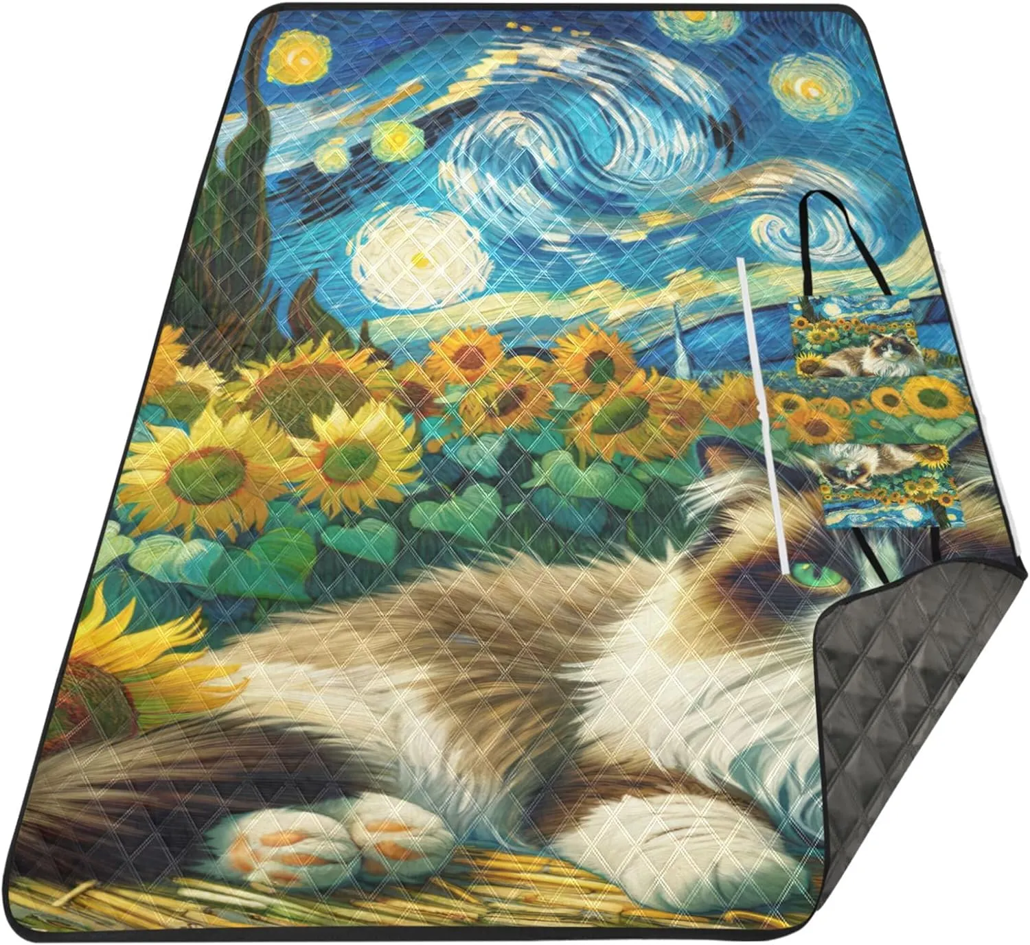 Ragdoll Cat Starry Night Sunflower Beach Mat Sand Free Waterproof, Outdoor Blankets for Grass Cute Picnic Essentials Foldable, 80" x 60"