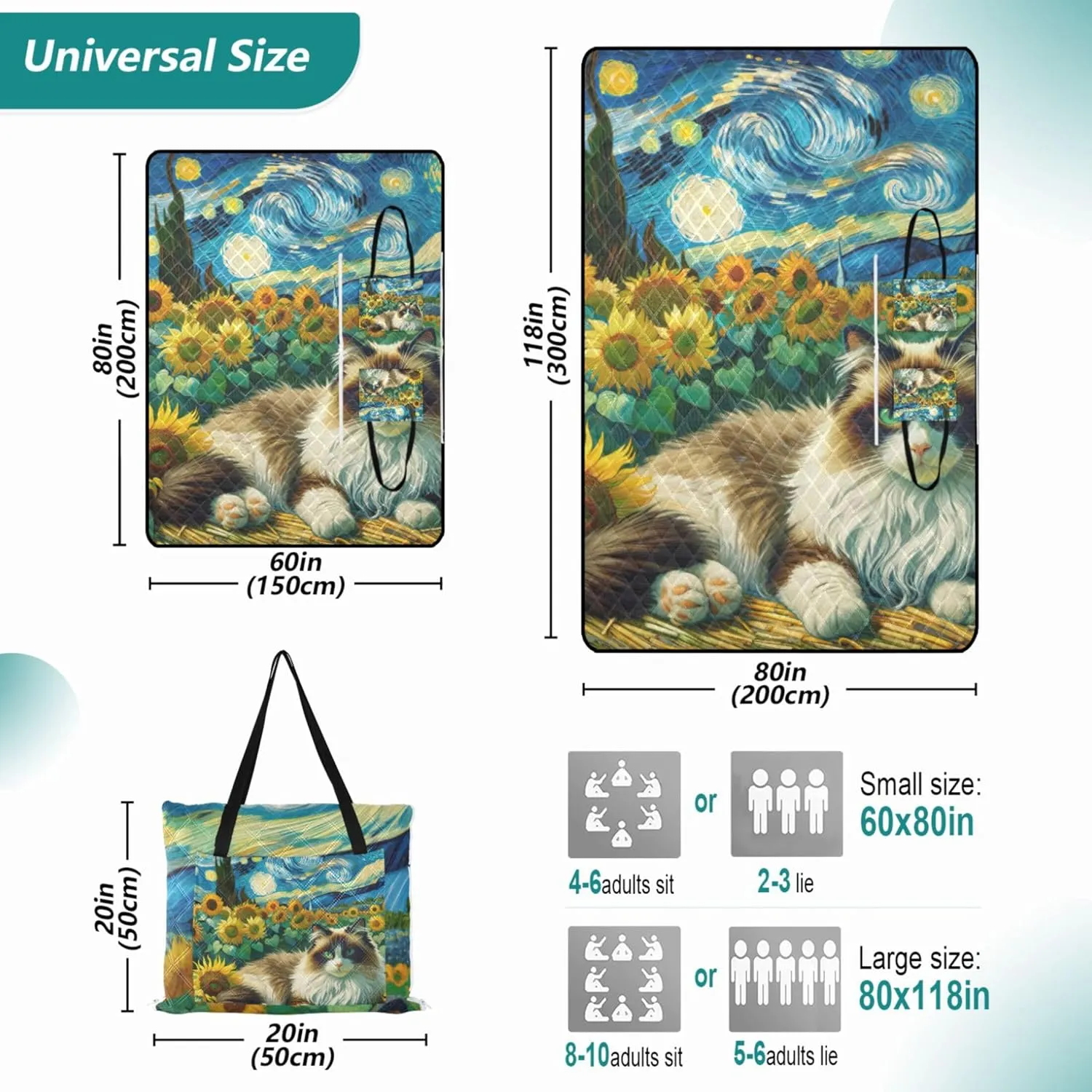 Ragdoll Cat Starry Night Sunflower Beach Mat Sand Free Waterproof, Outdoor Blankets for Grass Cute Picnic Essentials Foldable, 80" x 60"
