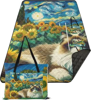 Ragdoll Cat Starry Night Sunflower Beach Mat Sand Free Waterproof, Outdoor Blankets for Grass Cute Picnic Essentials Foldable, 80" x 60"