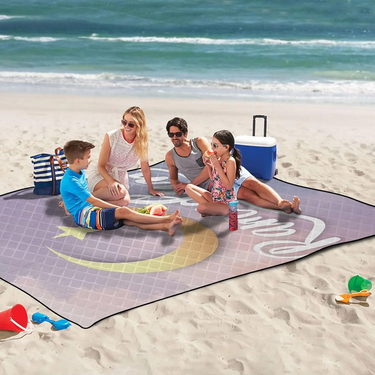 Ramadan Crescent Moon Purple Beach Mat Waterproof Sandproof Pink Picnic Blanket Foldable Floral Camping Blanket for Grass 80" x 60"