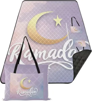 Ramadan Crescent Moon Purple Beach Mat Waterproof Sandproof Pink Picnic Blanket Foldable Floral Camping Blanket for Grass 80" x 60"