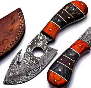 Rare Custom Damascus Gut Hook Skinning Knife Hunting Knife Outdoor Knife Camping Knife | Paka Wood Handle with Free Genuine Leather Sheath (B-96)