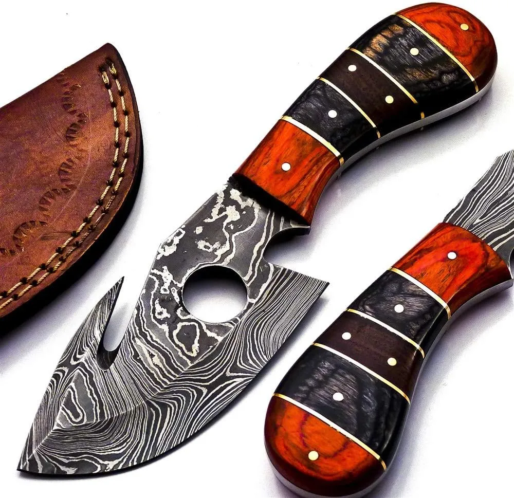 Rare Custom Damascus Gut Hook Skinning Knife Hunting Knife Outdoor Knife Camping Knife | Paka Wood Handle with Free Genuine Leather Sheath (B-96)