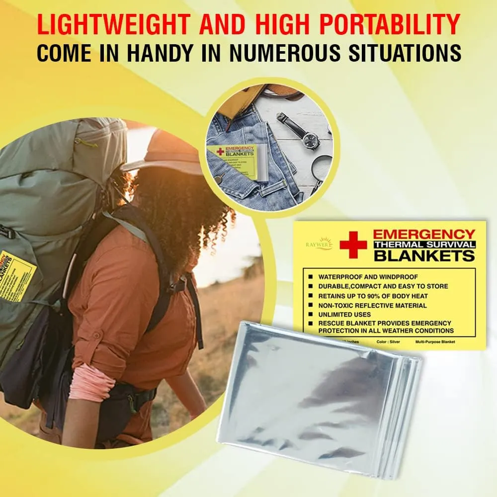 Rawyer (50 Pack) Emergency Thermal Survival Blankets, Mylar Blankets for Outdoor, Camping, Hiking, Survival in Harsh Weather, Large Silver Thermal Sheets, Heavy Duty Survival Gear (50, 84x52)