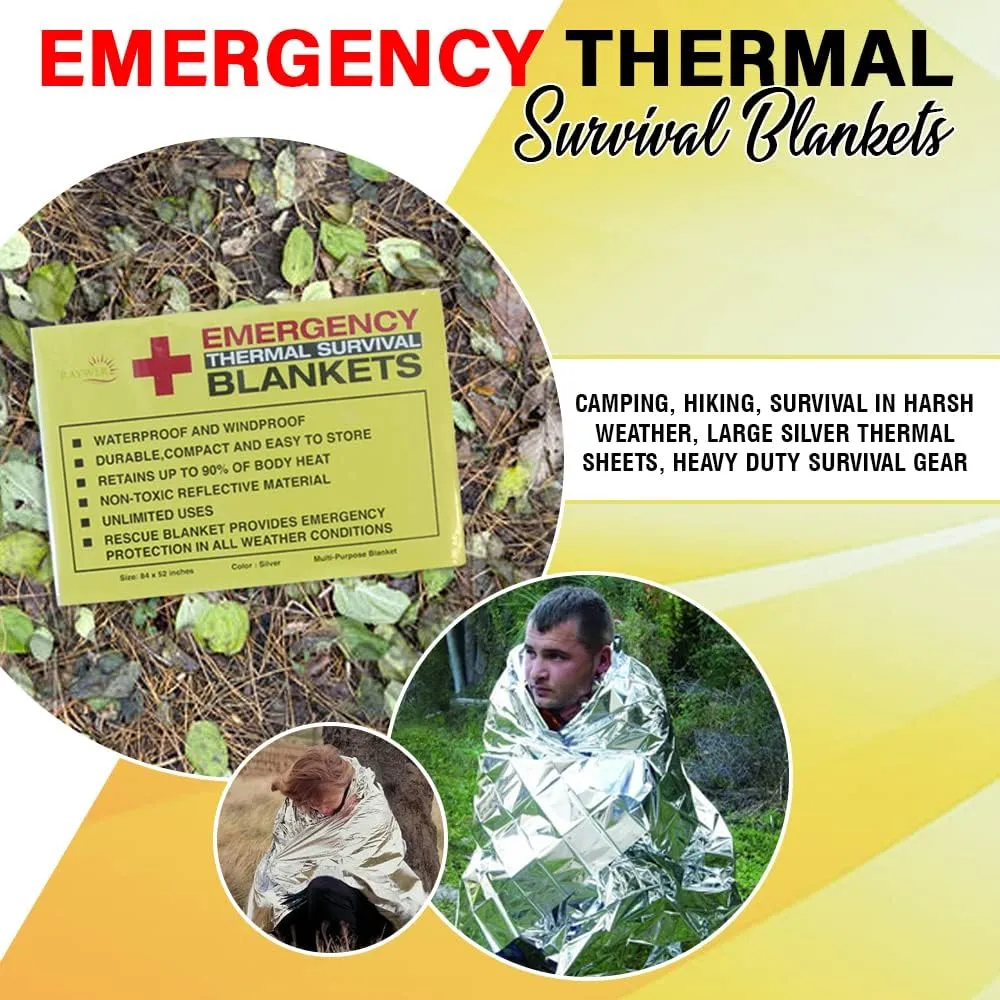 Rawyer (50 Pack) Emergency Thermal Survival Blankets, Mylar Blankets for Outdoor, Camping, Hiking, Survival in Harsh Weather, Large Silver Thermal Sheets, Heavy Duty Survival Gear (50, 84x52)