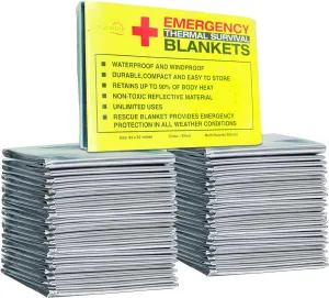 Rawyer (50 Pack) Emergency Thermal Survival Blankets, Mylar Blankets for Outdoor, Camping, Hiking, Survival in Harsh Weather, Large Silver Thermal Sheets, Heavy Duty Survival Gear (50, 84x52)