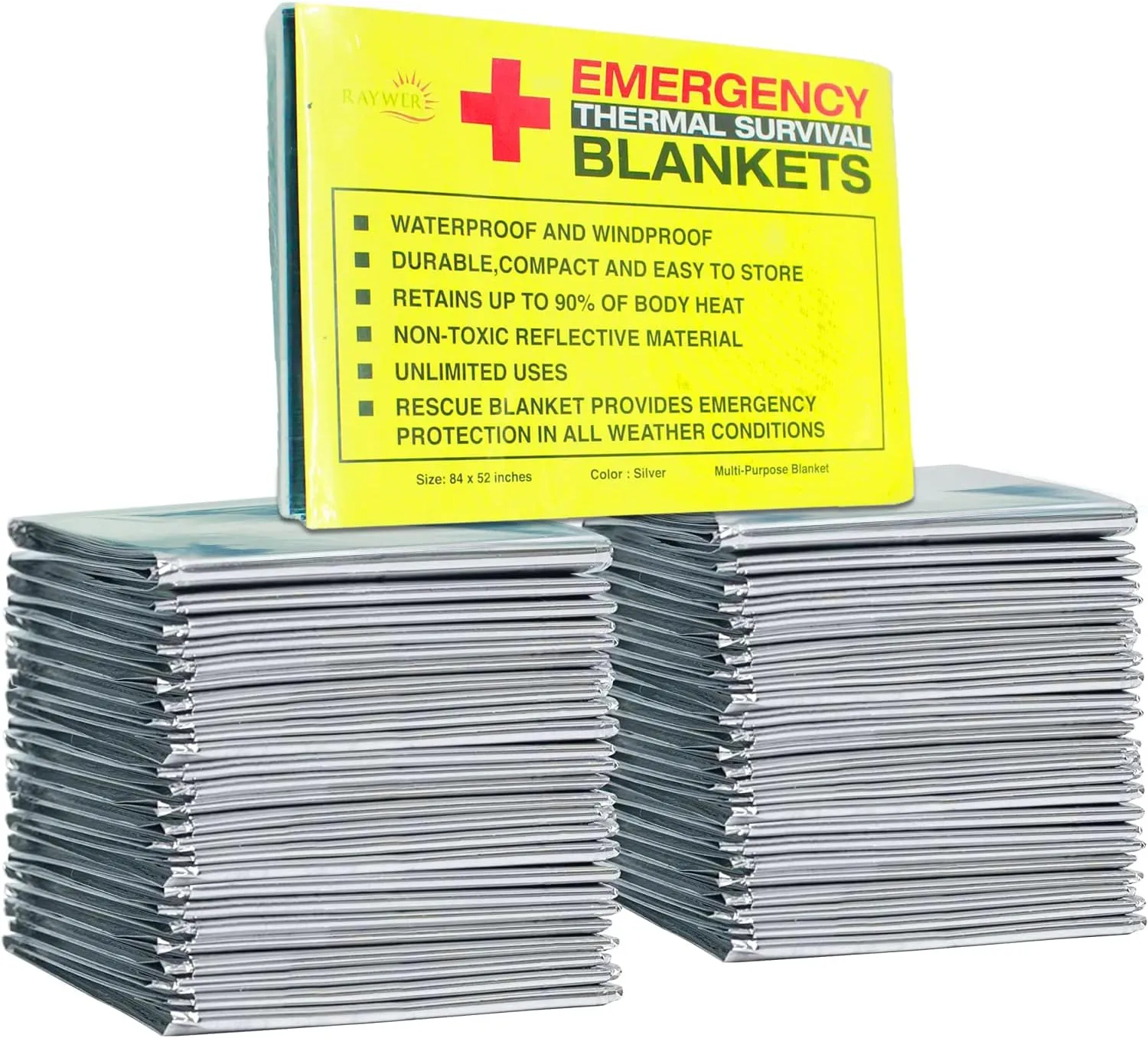 Rawyer (50 Pack) Emergency Thermal Survival Blankets, Mylar Blankets for Outdoor, Camping, Hiking, Survival in Harsh Weather, Large Silver Thermal Sheets, Heavy Duty Survival Gear (50, 84x52)