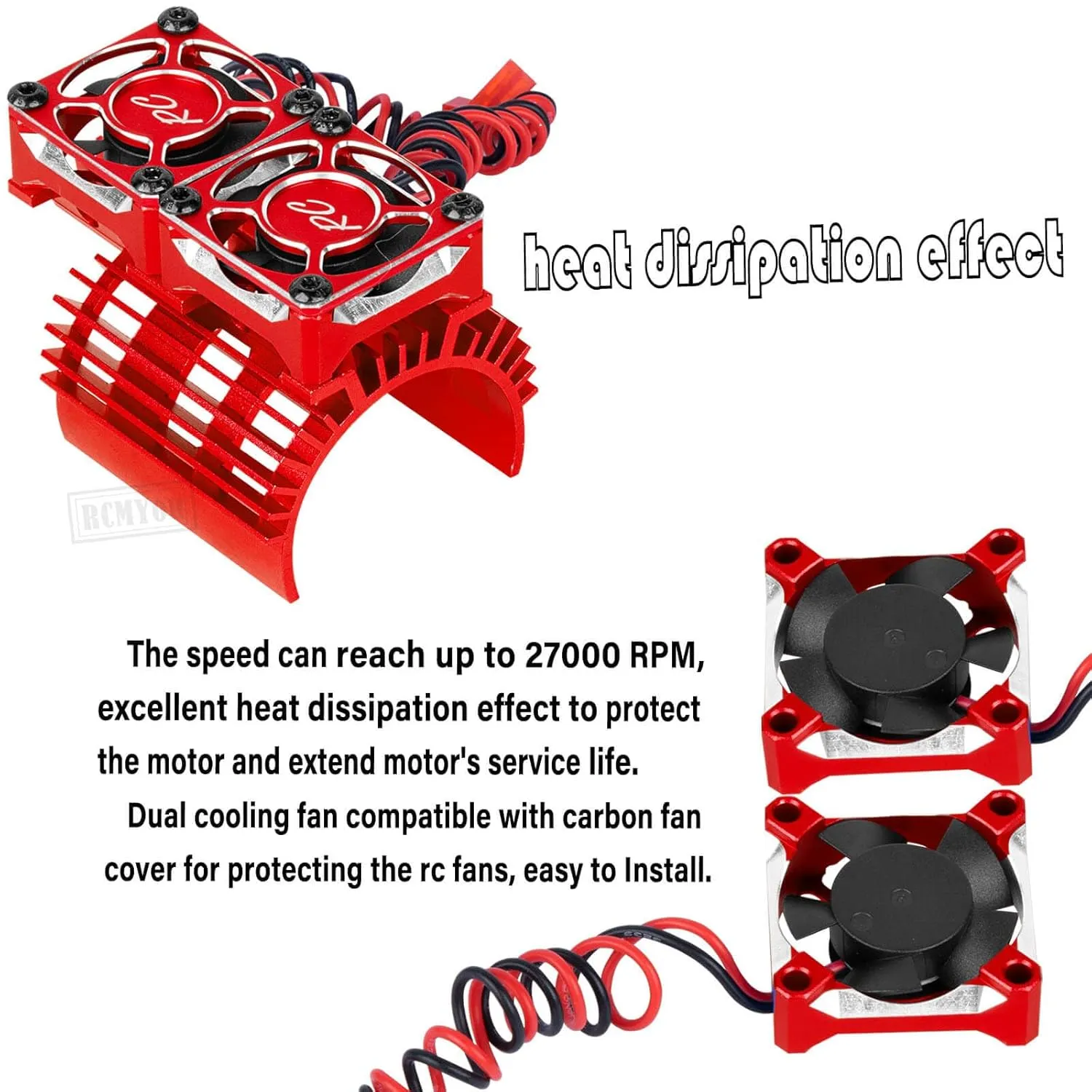 RCM You Cooling Fans 30mm 27000rpm Brushless Motor with Metal Heatsink for 1/8 RC Car, 40mm, 42mm, Red